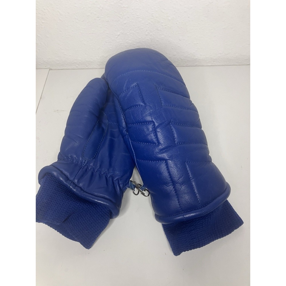 Vtg 80s Royal Blue Leather Winter Ski Mittens Quilted Puffer Snow Mitts Ladies L